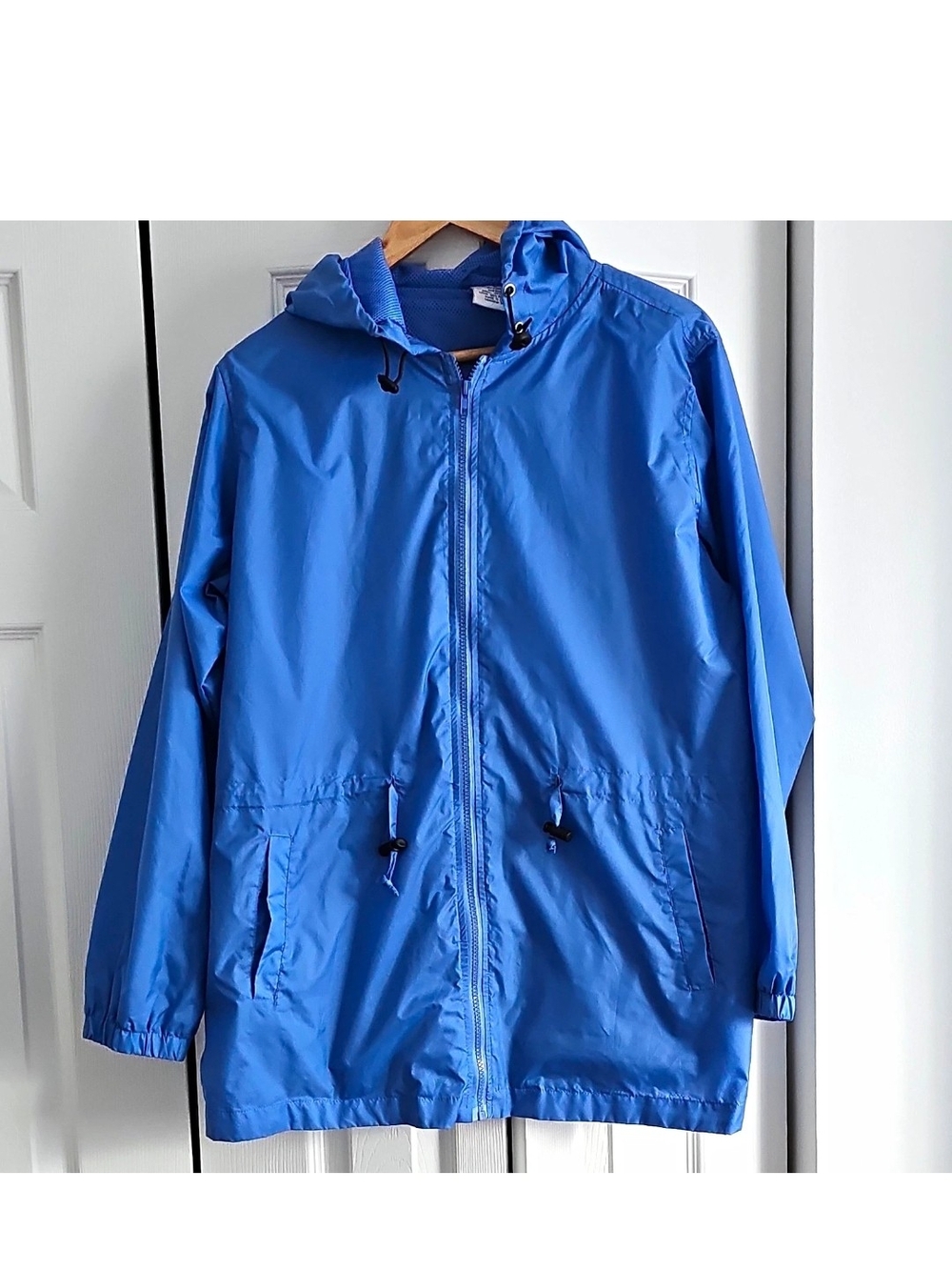 Woman's Blue Hooded Full Zip Windbreaker Jacket Solid Casual Regular Size L